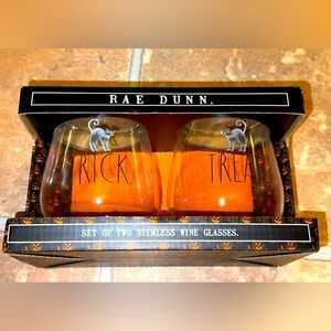 NWT Rae Dunn Halloween/Fall Trick Treat Stemless Wine Glasses Set of 2 (GLASS)